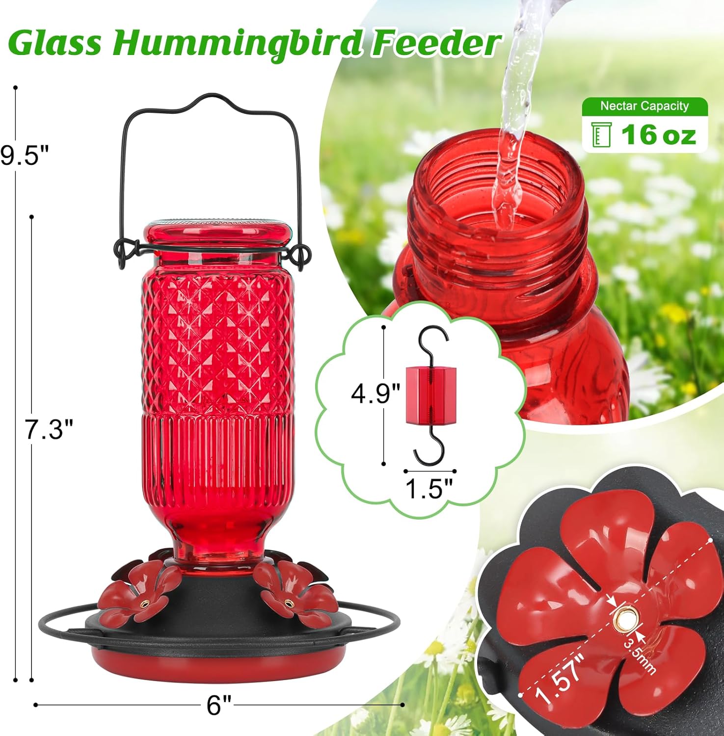 FEED GARDEN Glass Hummingbird Feeder, 16oz Outdoor Hanging Bird Feeder with