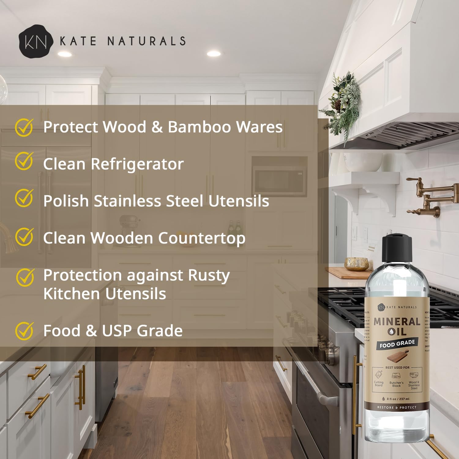 Kate Naturals Mineral Oil for Wood Cutting Board, Butcher Block, and Knife.