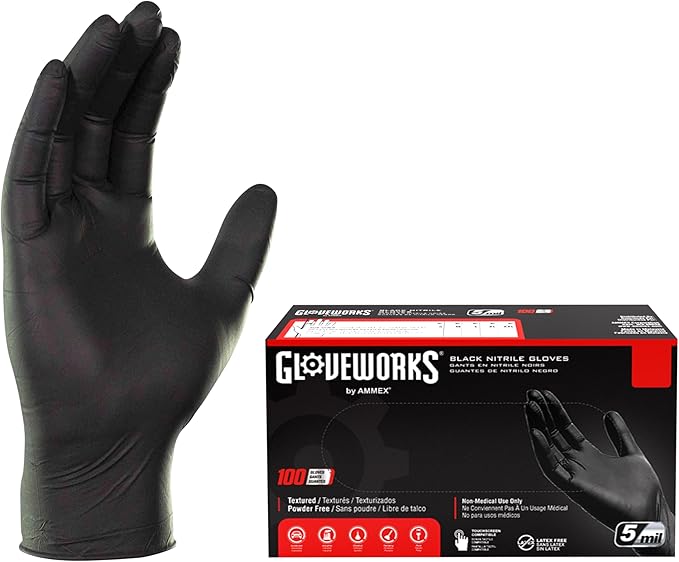 GLOVEWORKS Black Nitrile Gloves 5 Mil Disposable, Latex Free, Textured Grip