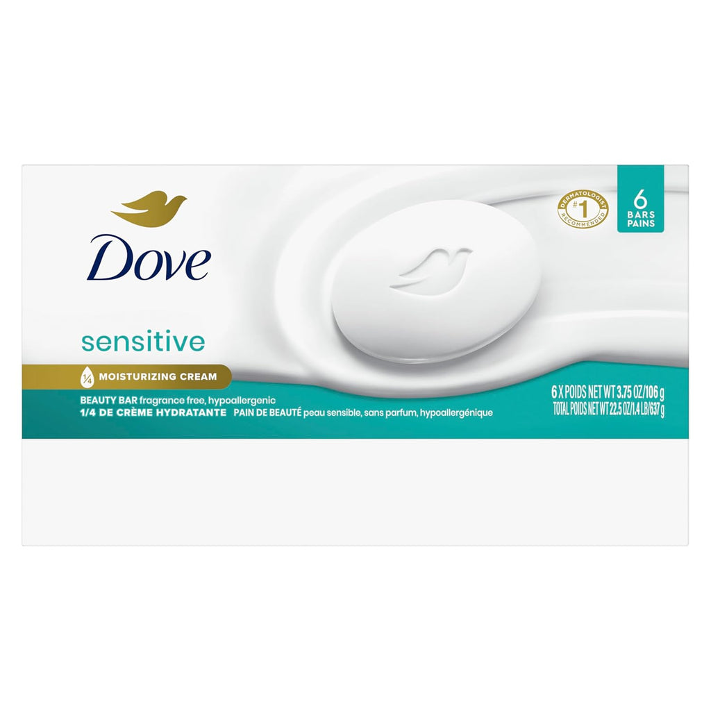 Dove Beauty Bar Soap Sensitive, 6 Bars for Sensitive Skin, Fragrance Free and