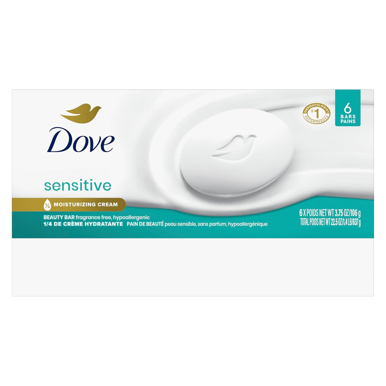 Dove Beauty Bar Soap Sensitive, 6 Bars for Sensitive Skin, Fragrance Free and