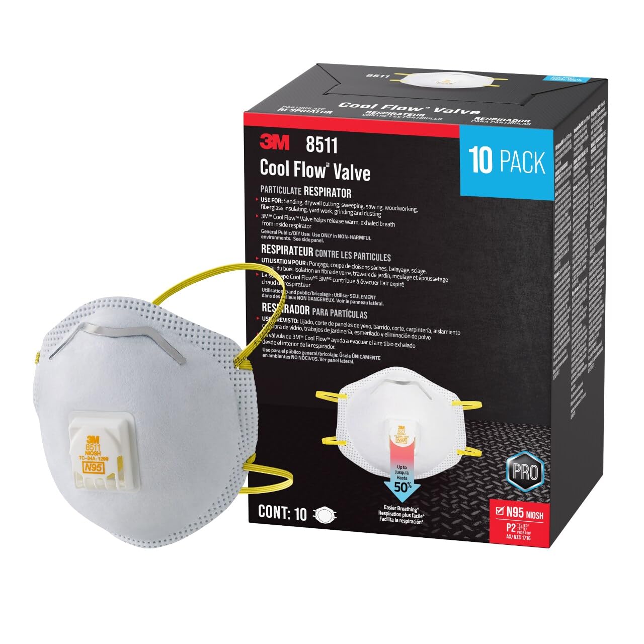 3M N95 Respirator 8511, Cool Flow Valve, 10 Pack, NIOSH-APPROVED, Advanced