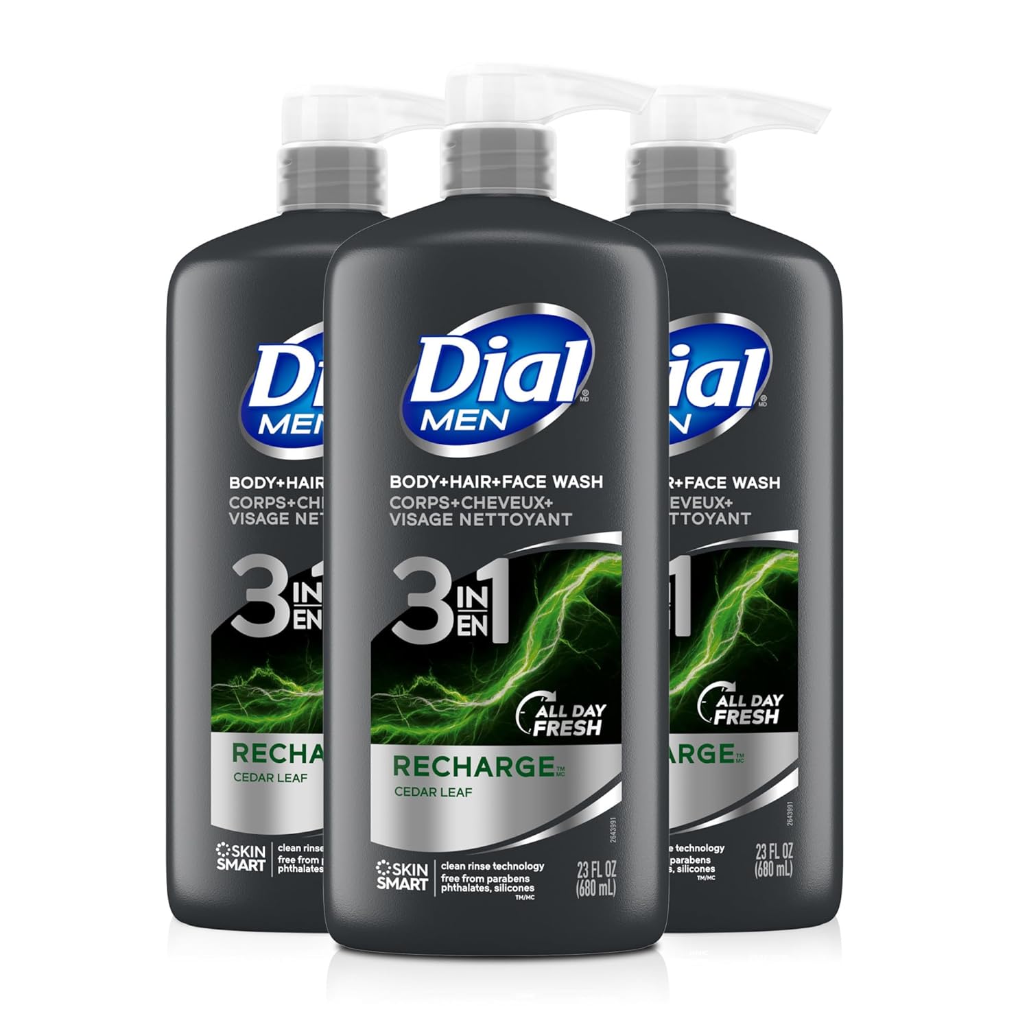 Dial Men 3in1 Body, Hair and Face Wash, Recharge, 69 fl oz (3-23 fl oz