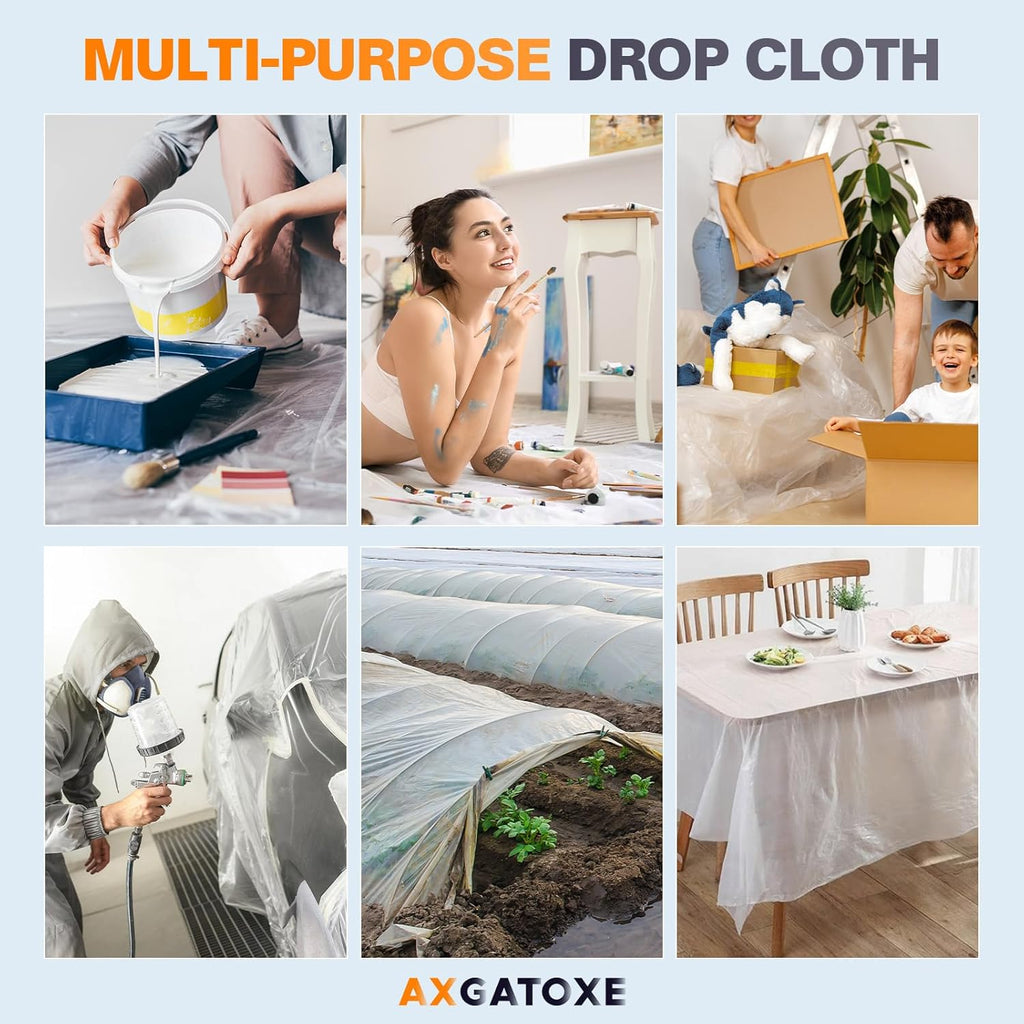 12 x 9 Ft Plastic Drop Cloths (6-Pack) - Disposable Painter's Sheeting &
