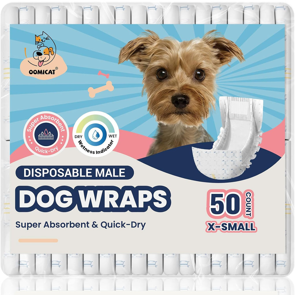 Dog Diapers Male, X-Small 50 Ct, Super Absorbent Male Dog Wraps with Wetness