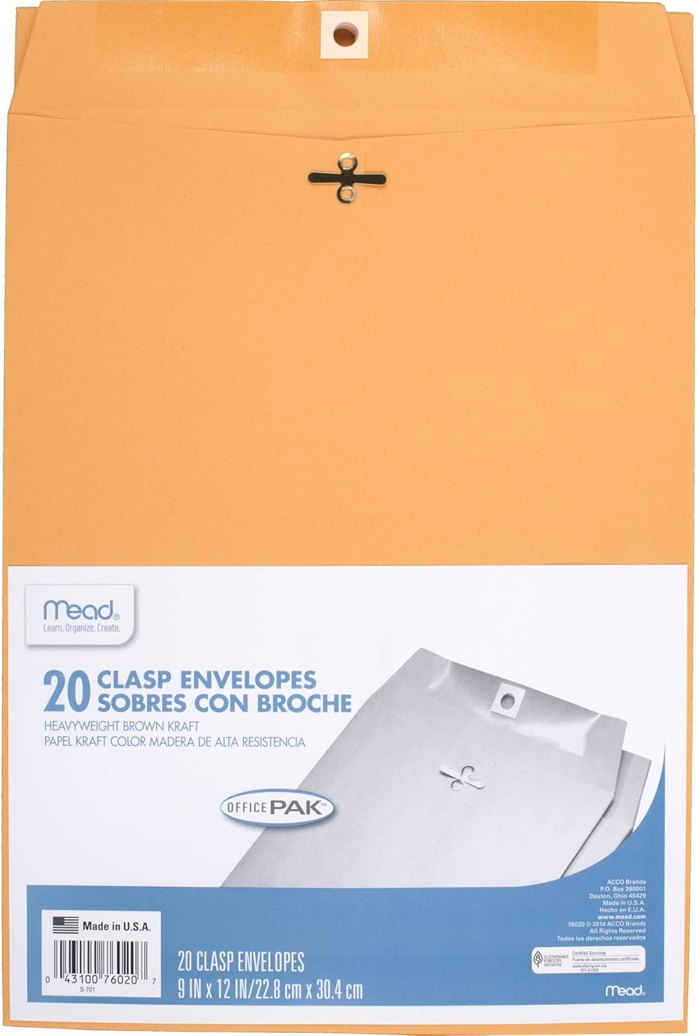 Mead Envelopes, 9" x 12", Clasp Closure, Brown Kraft All-Purpose 24-lb Paper