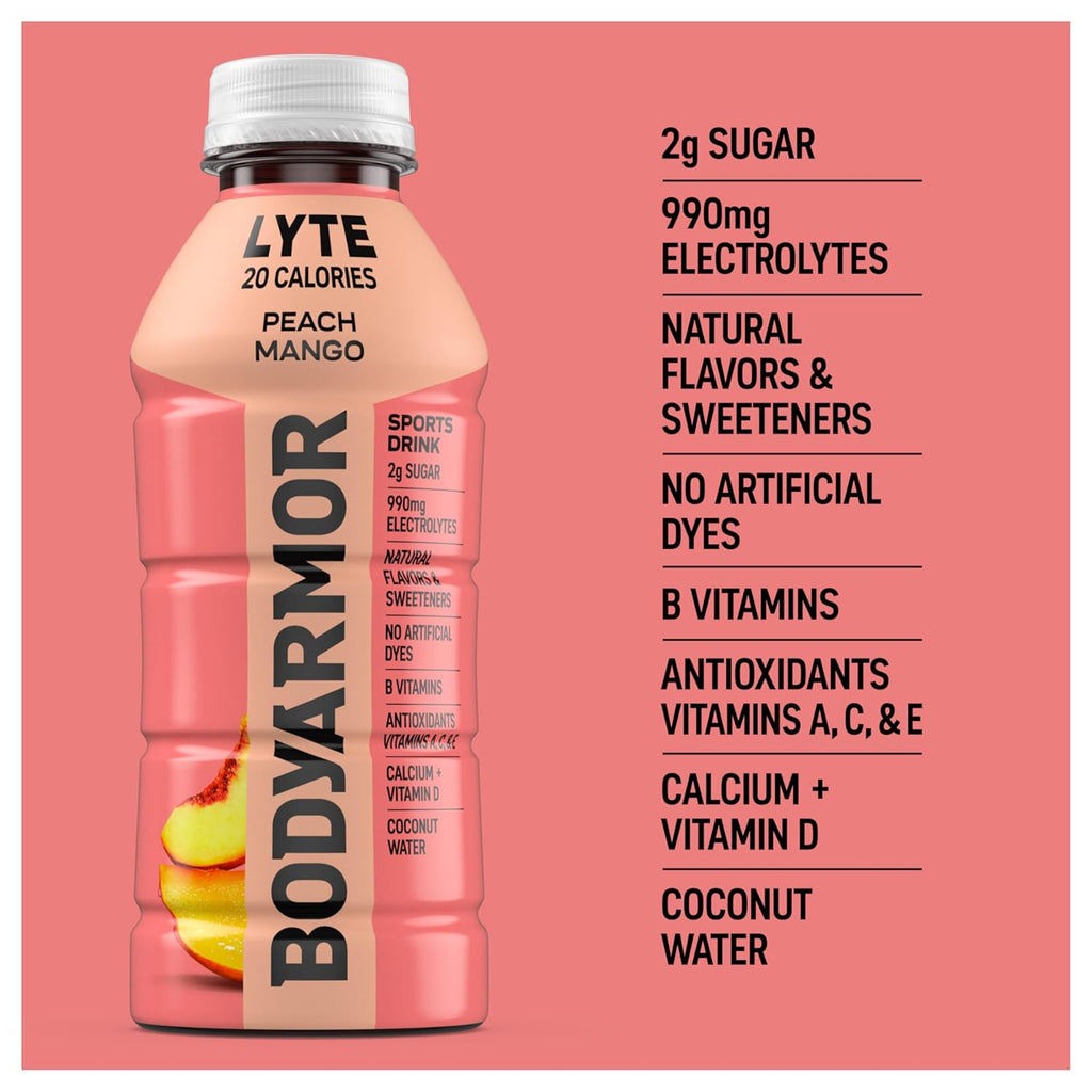 BODYARMOR LYTE, Peach Mango, Electrolyte Drink, 20 Calories, 16 Fl Oz Bottles