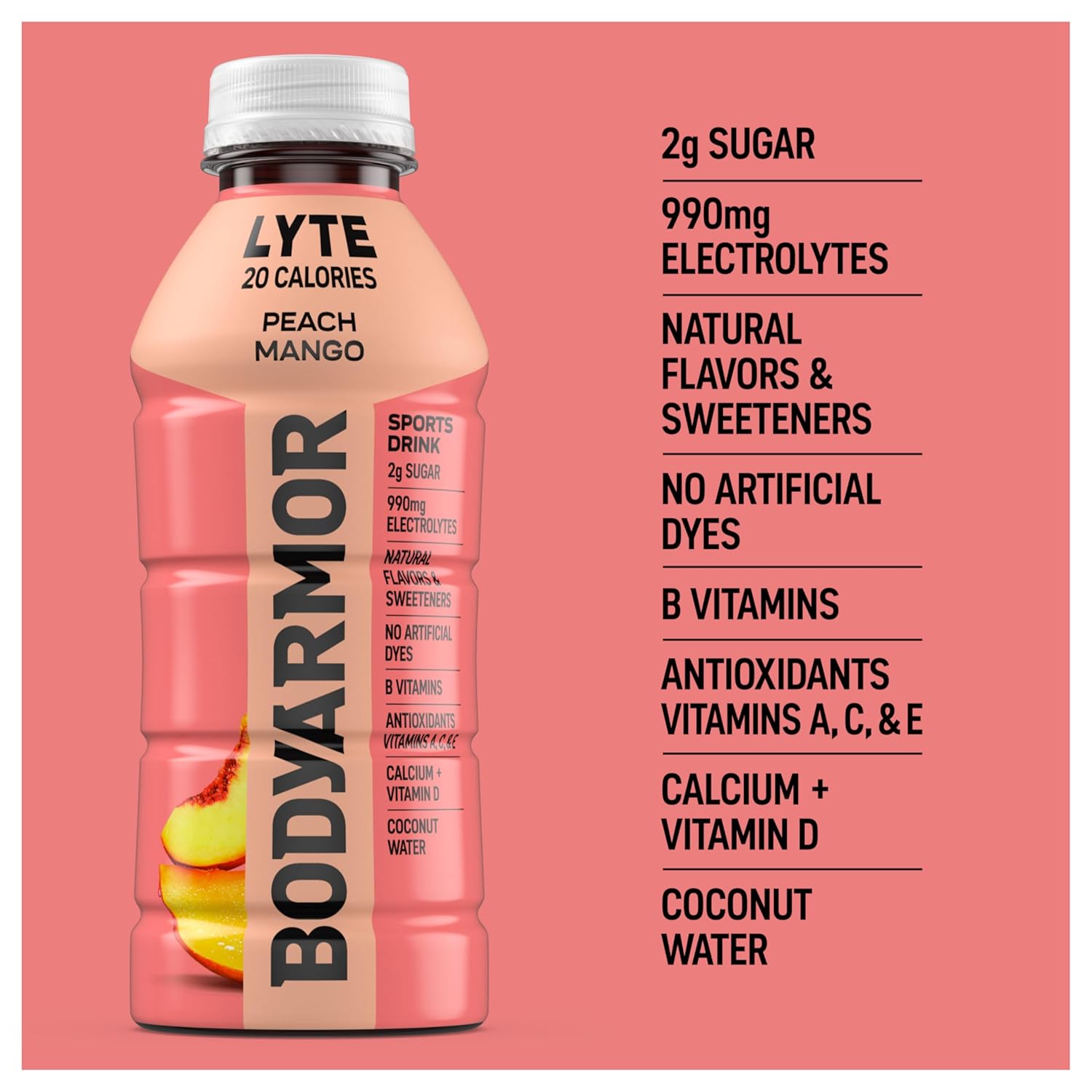BODYARMOR LYTE, Peach Mango, Electrolyte Drink, 20 Calories, 16 Fl Oz Bottles