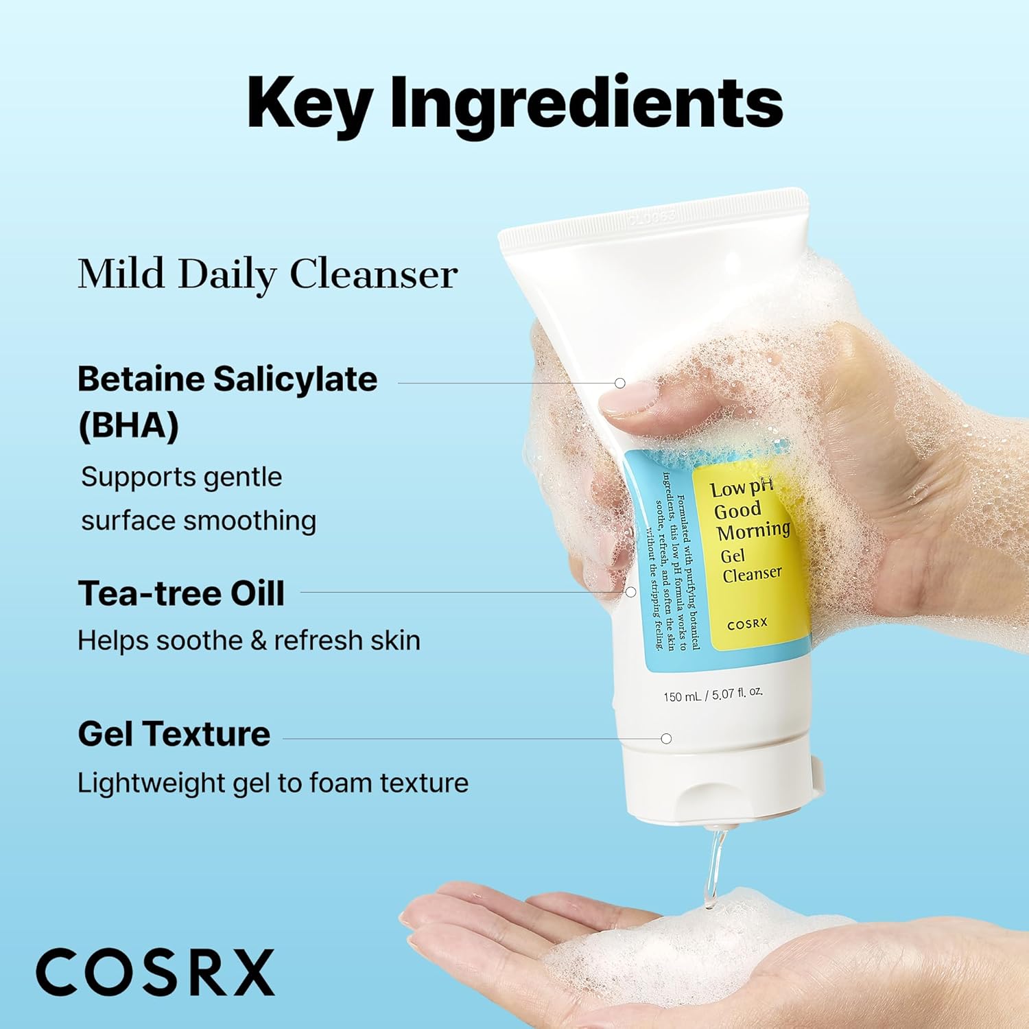 COSRX Low pH Good Morning Gel Face Cleanser, 5.07 fl oz, BHA Face Wash, Daily