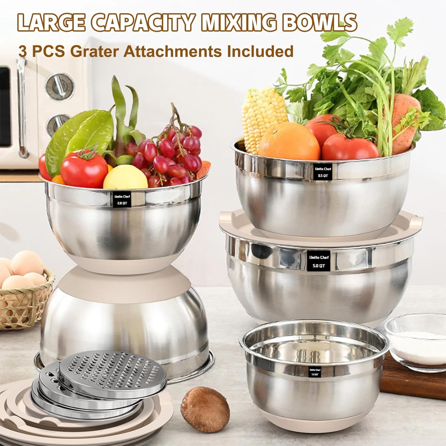 Umite Chef Mixing Bowls with Airtight Lids Set, 8PCS Stainless Steel Khaki