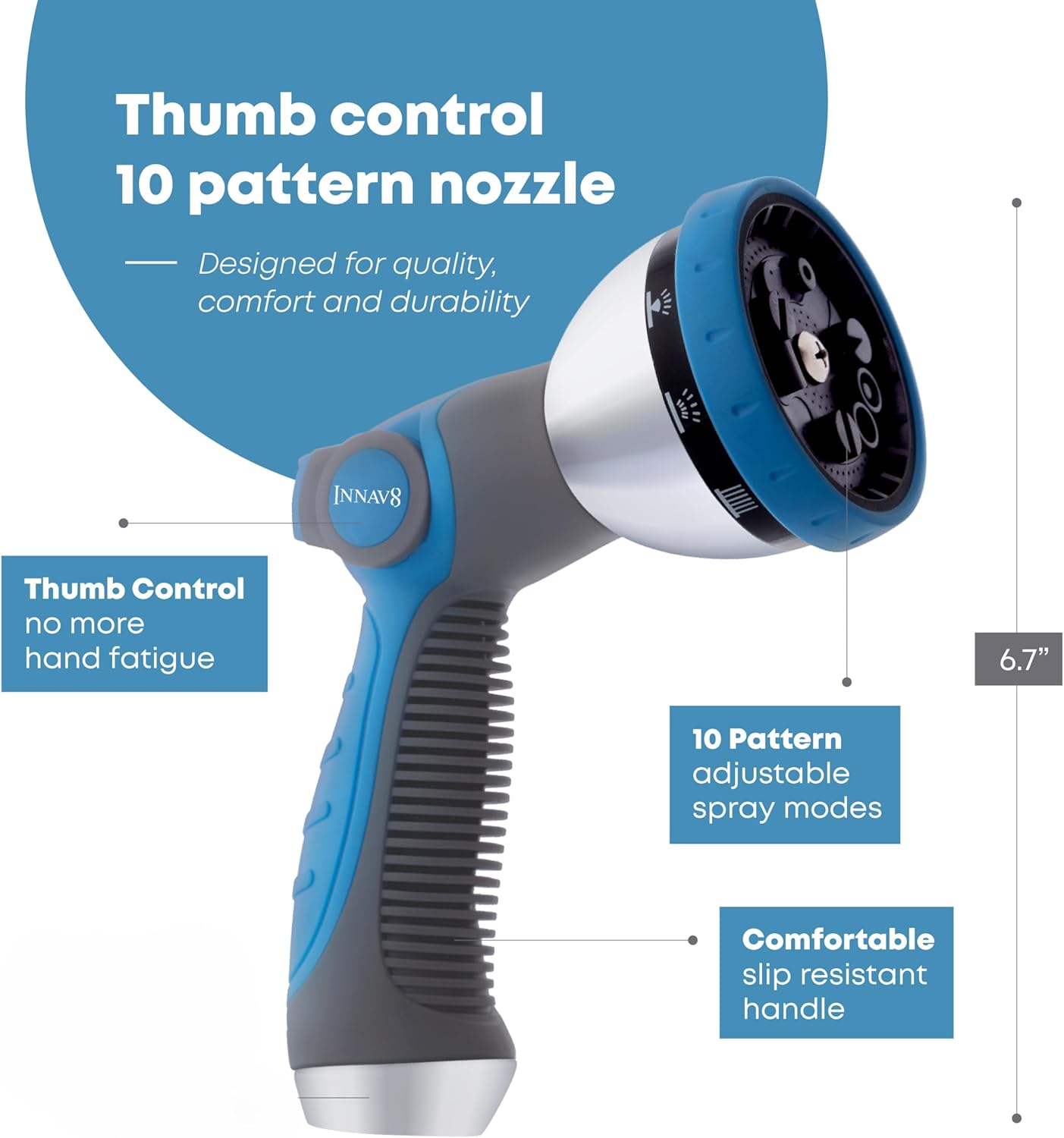 INNAV8 Garden Hose Nozzle Heavy Duty - Features 10 Spray Patterns, THUMB