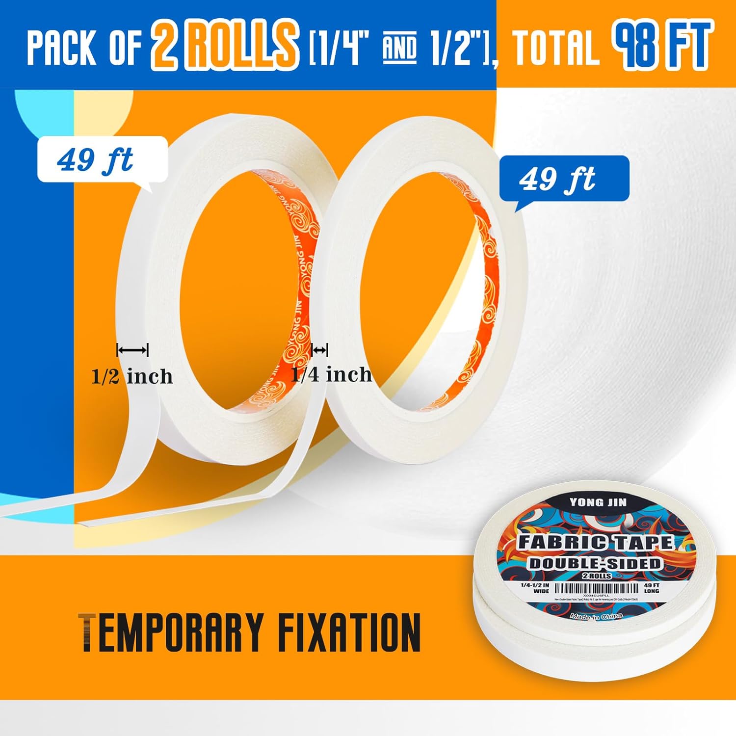 YONGJIN Double-Sided Fabric Tape (2 Rolls) - No Sewing or Ironing Required