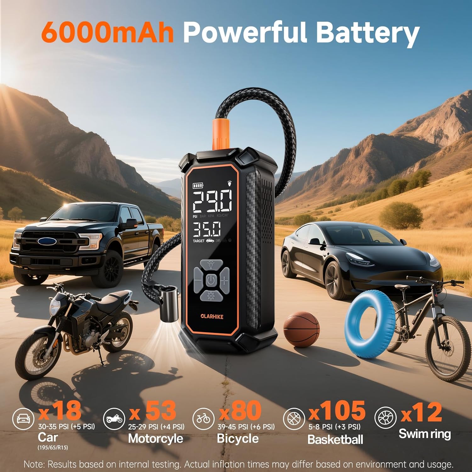 OlarHike Tire Inflator Portable Air Compressor, 150PSI Dual Power - 6000mAh &