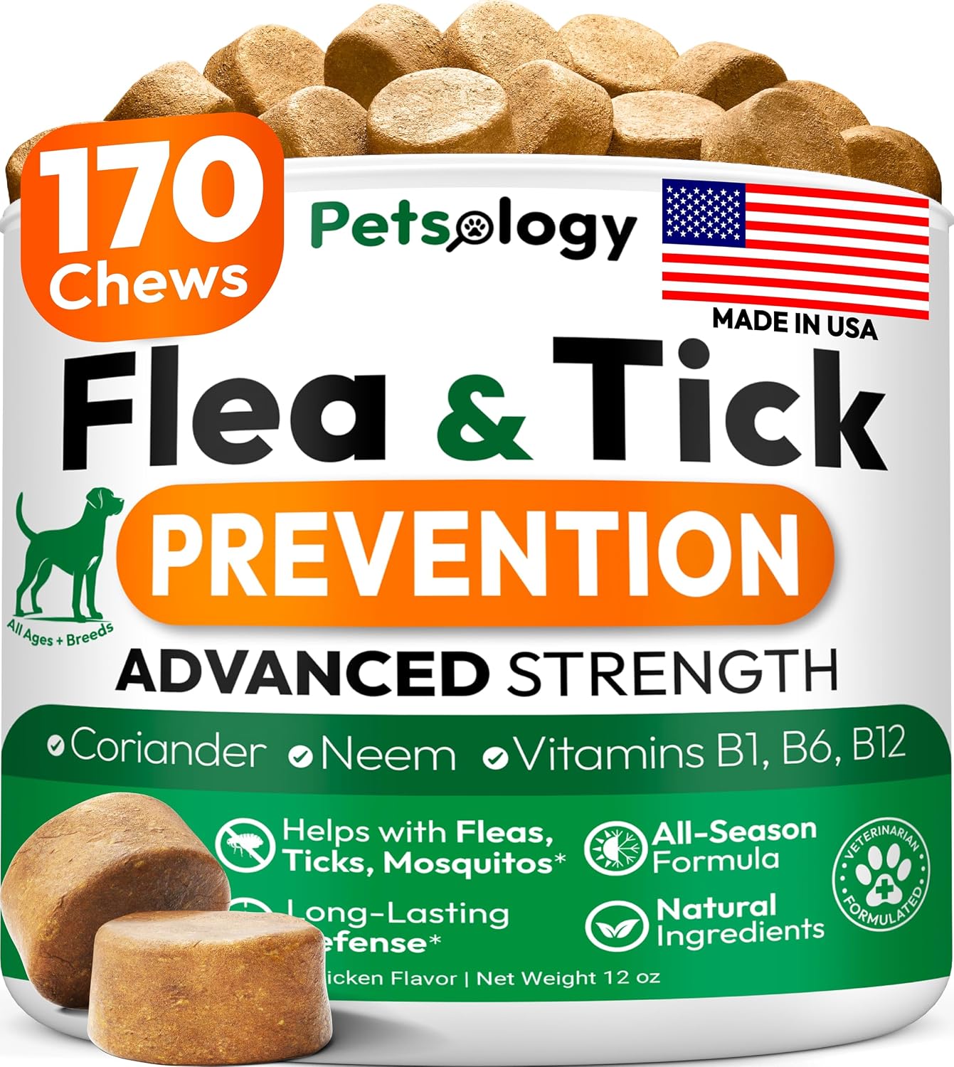Flea and Tick Prevention for Dogs Pills - 170 Soft Chewables - Natural Dog