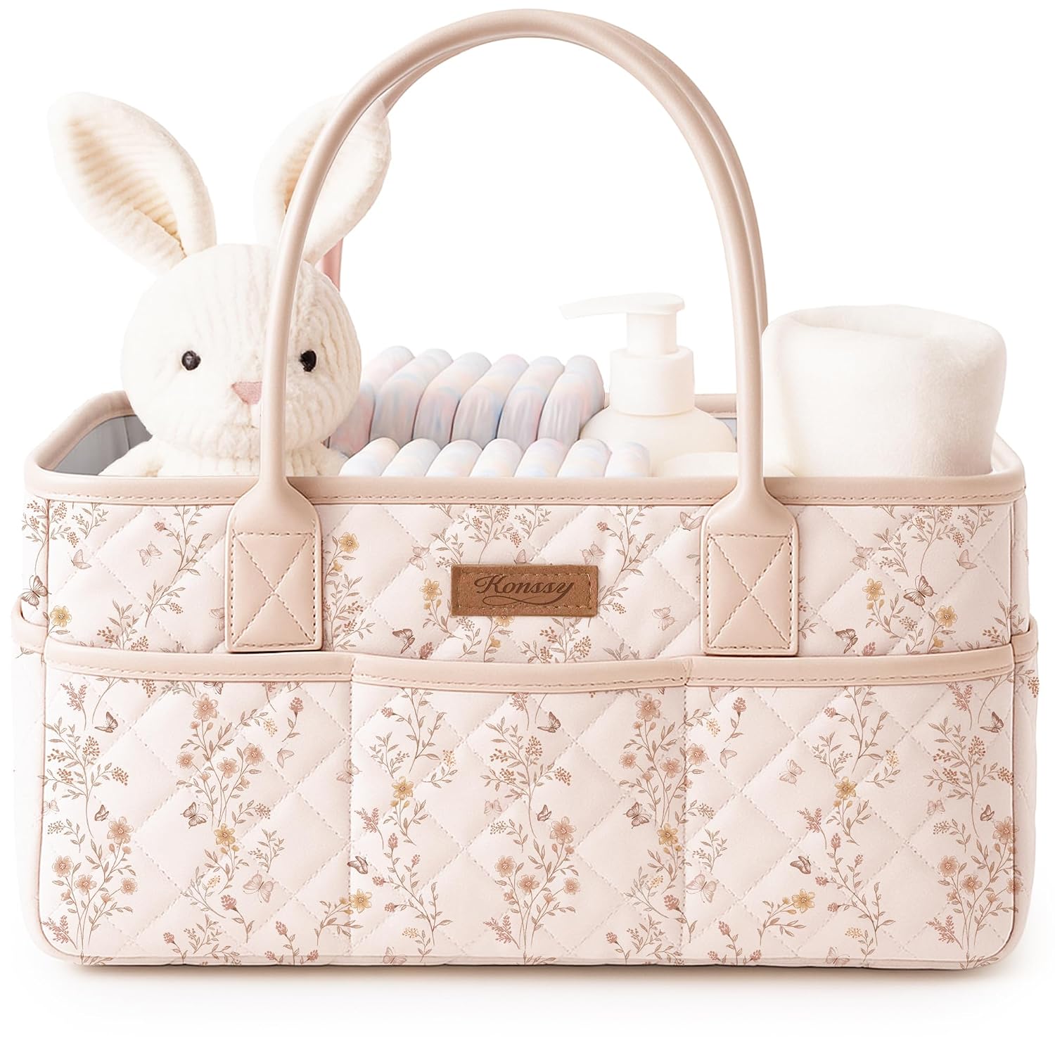 Konssy Baby Diaper Caddy Organizer, Floral Design with PU Leather Handles