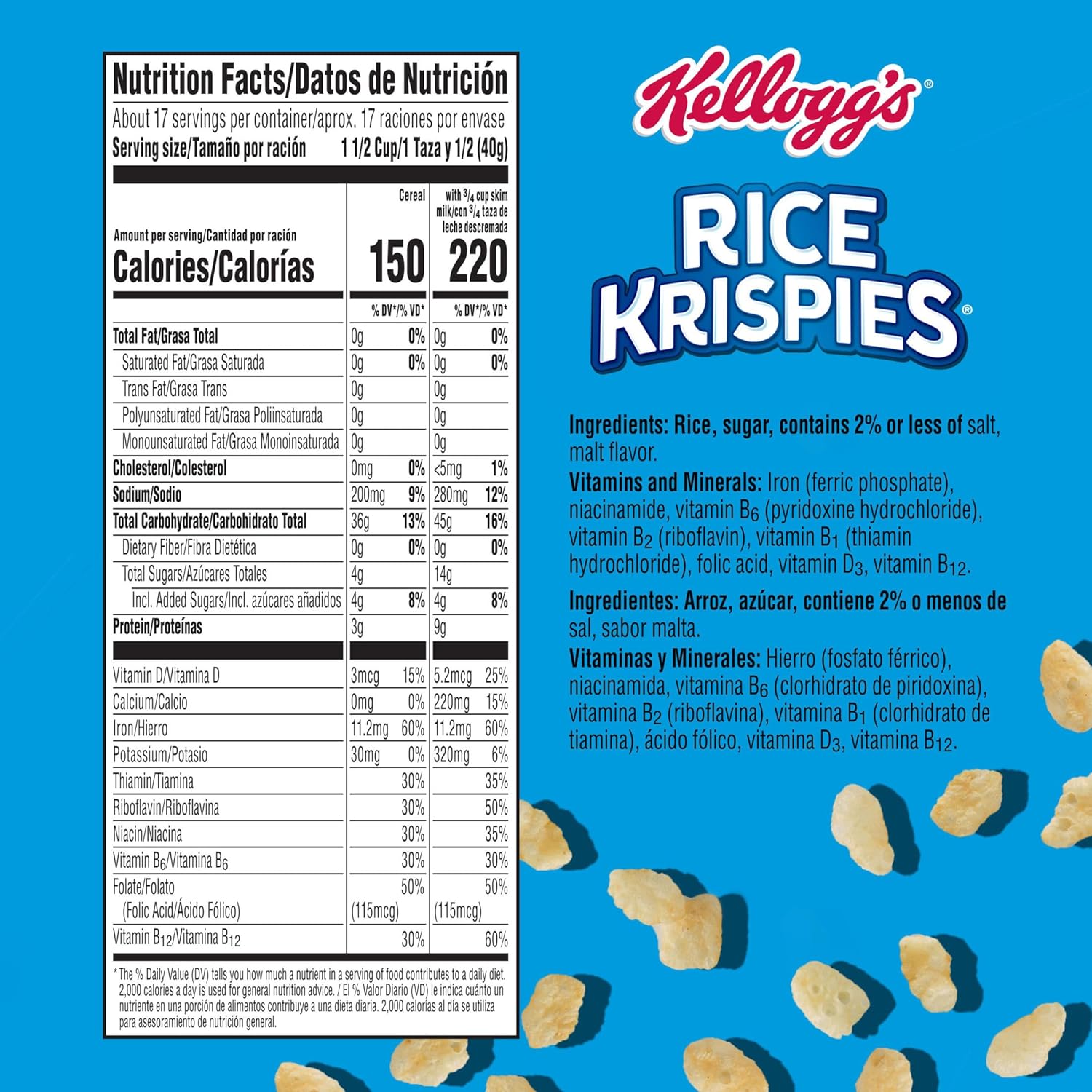 Kellogg's Rice Krispies Cold Breakfast Cereal, 8 Vitamins and Minerals, Rice