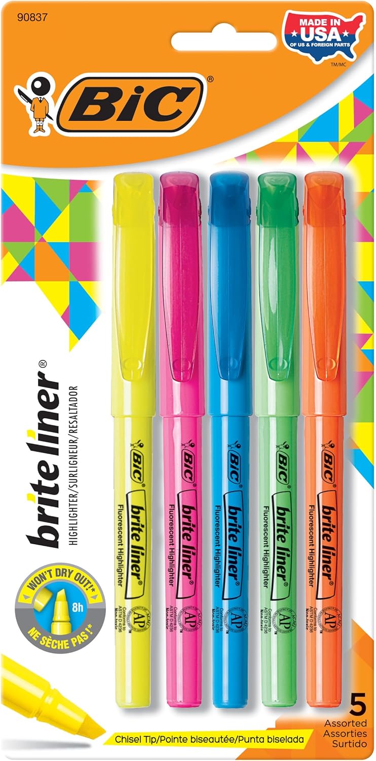 BIC Brite Liner Highlighters, Chisel Tip, 5-Count Pack of Highlighters