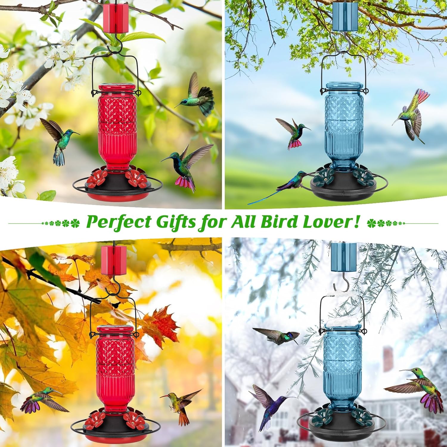 FEED GARDEN Glass Hummingbird Feeder, 16oz Outdoor Hanging Bird Feeder with