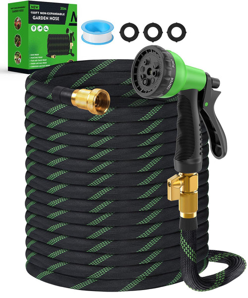 100ft Garden Hose，Non-Expandable Water Hose with 8 Function Spray Nozzle