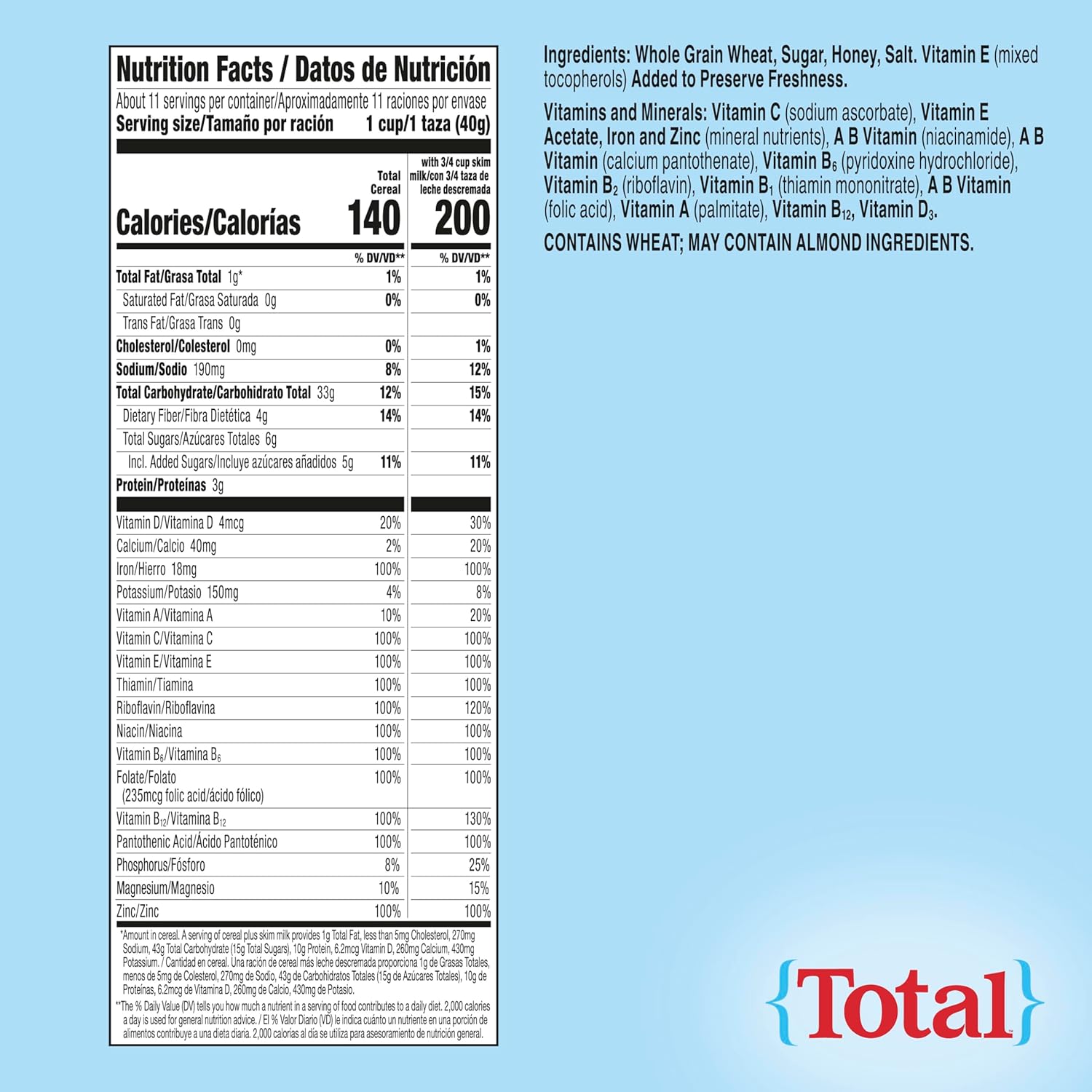 Total Breakfast Cereal, 100% Daily Value of 11 Vitamins and Minerals, Whole