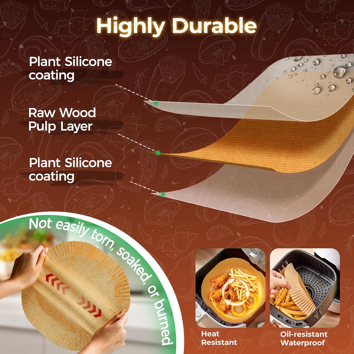 Air Fryer Liners Disposable, 150Pcs 8" Square Food Grade Material Unbleached