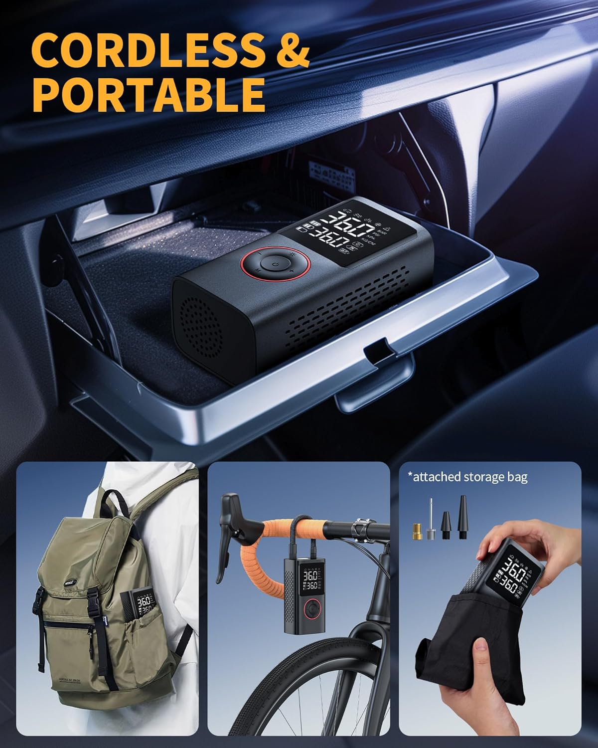Powools Tire Inflator Portable Air Compressor, 150 PSI Cordless Bike Pump