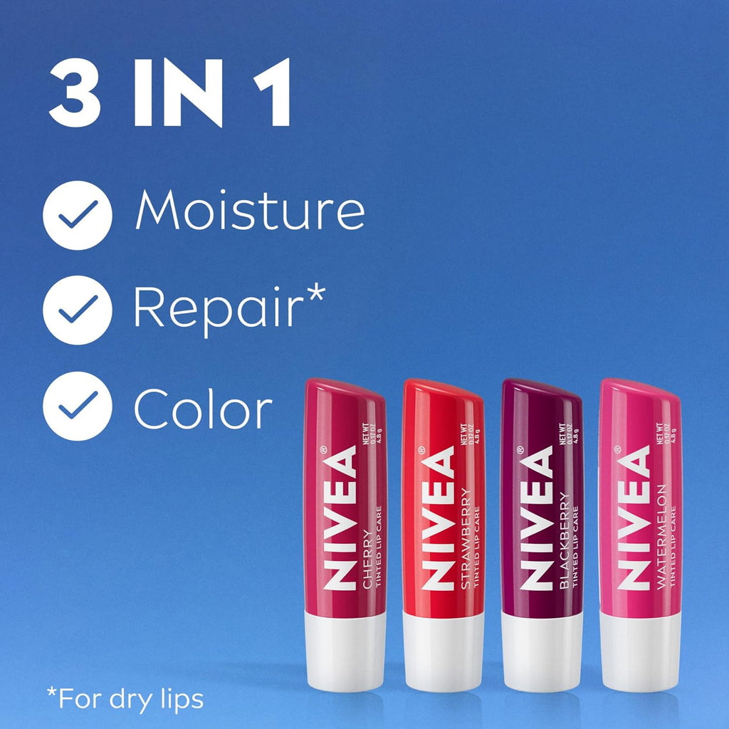 NIVEA Lip Care, Fruity Tinted Lip Balm Variety Pack, Cherry, Strawberry