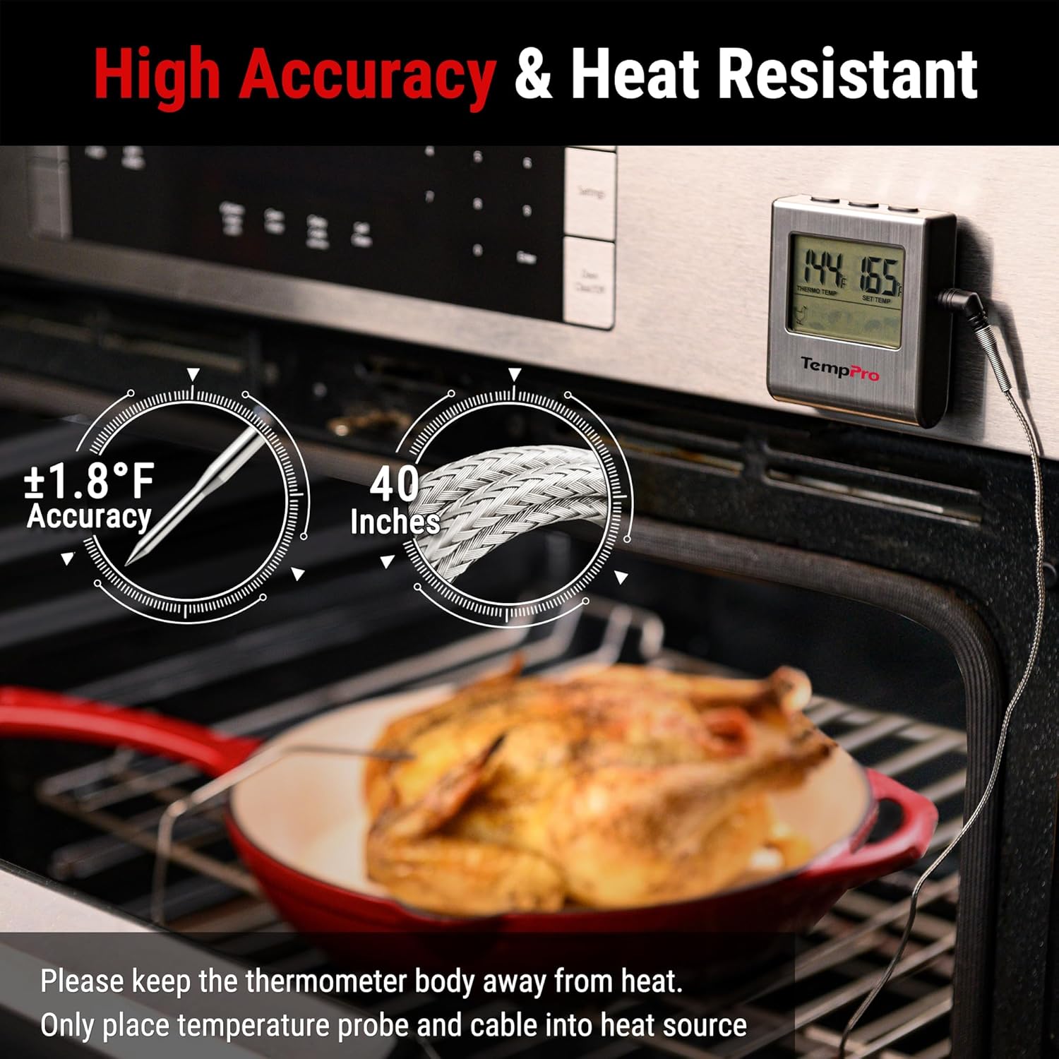 TempPro TP16 Large LCD Digital Cooking Food Meat Thermometer for Smoker Oven