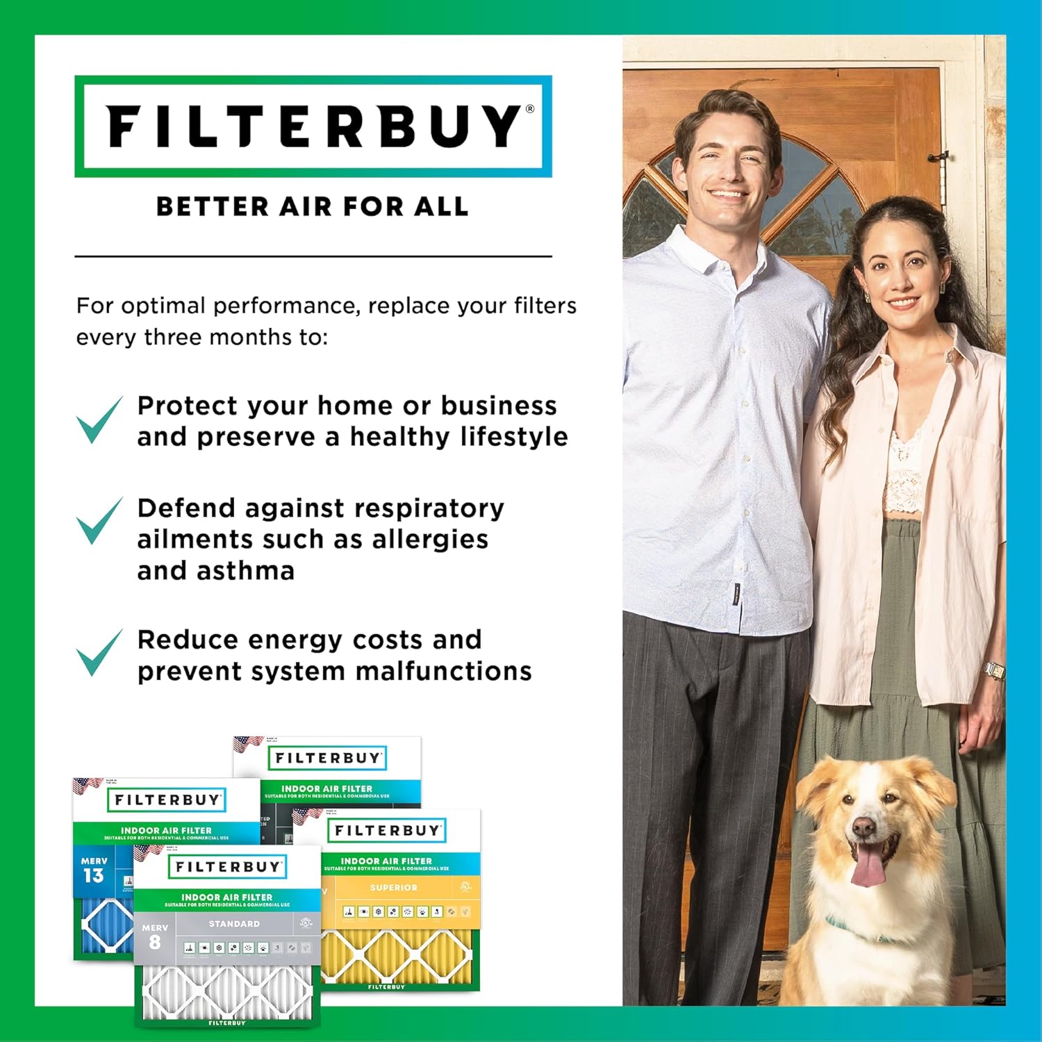 Filterbuy 16x25x1 Air Filter MERV 8 Essential Dust & Allergy Defense