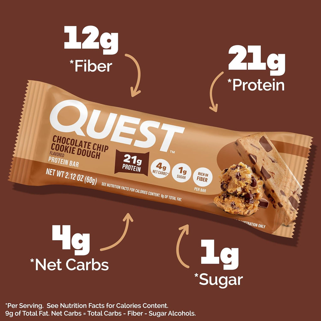 Quest Nutrition Chocolate Chip Cookie Dough Protein Bars, High Protein, Low