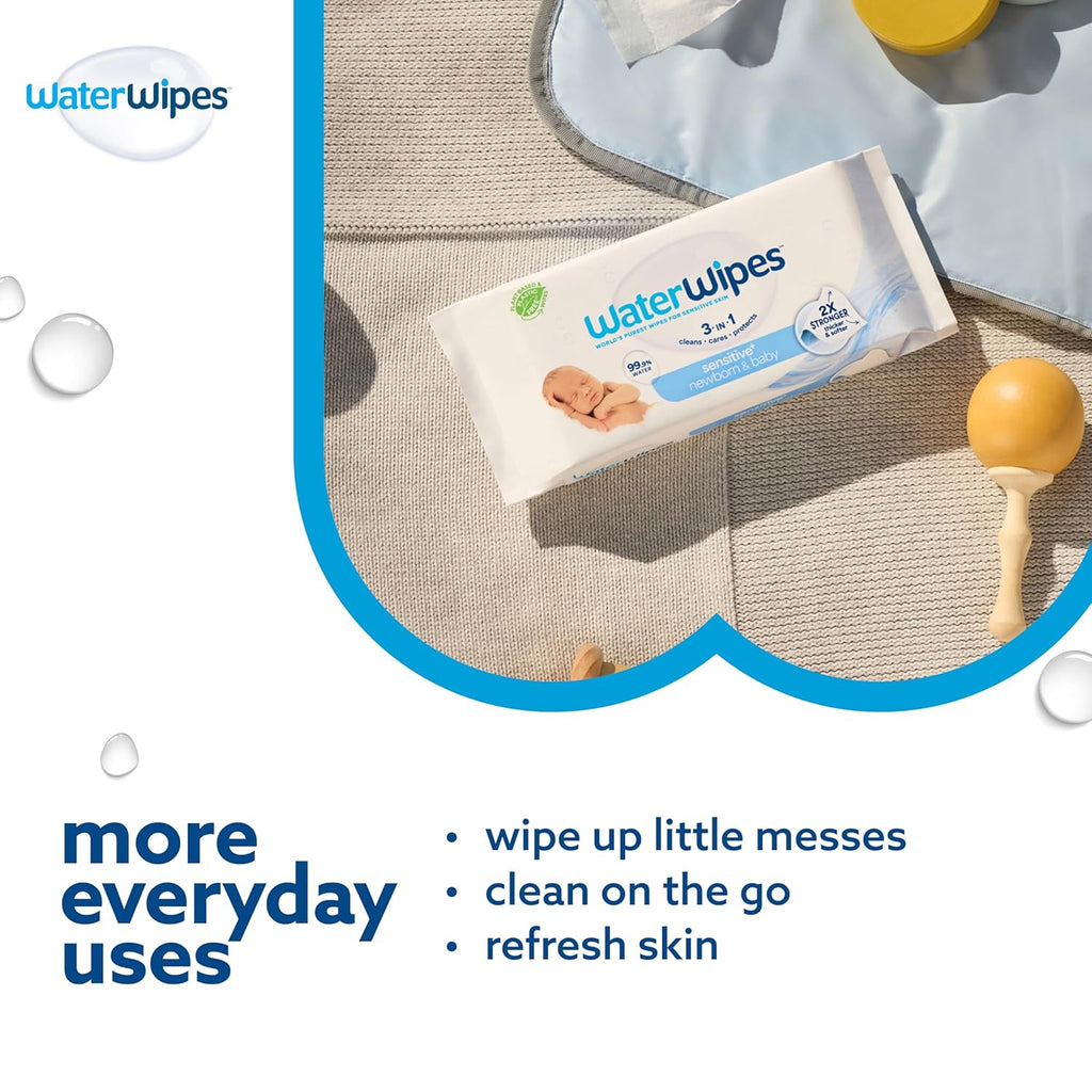 WaterWipes Sensitive+ Newborn & Baby Wipes, 3-In-1 Cleans, Cares, Protects