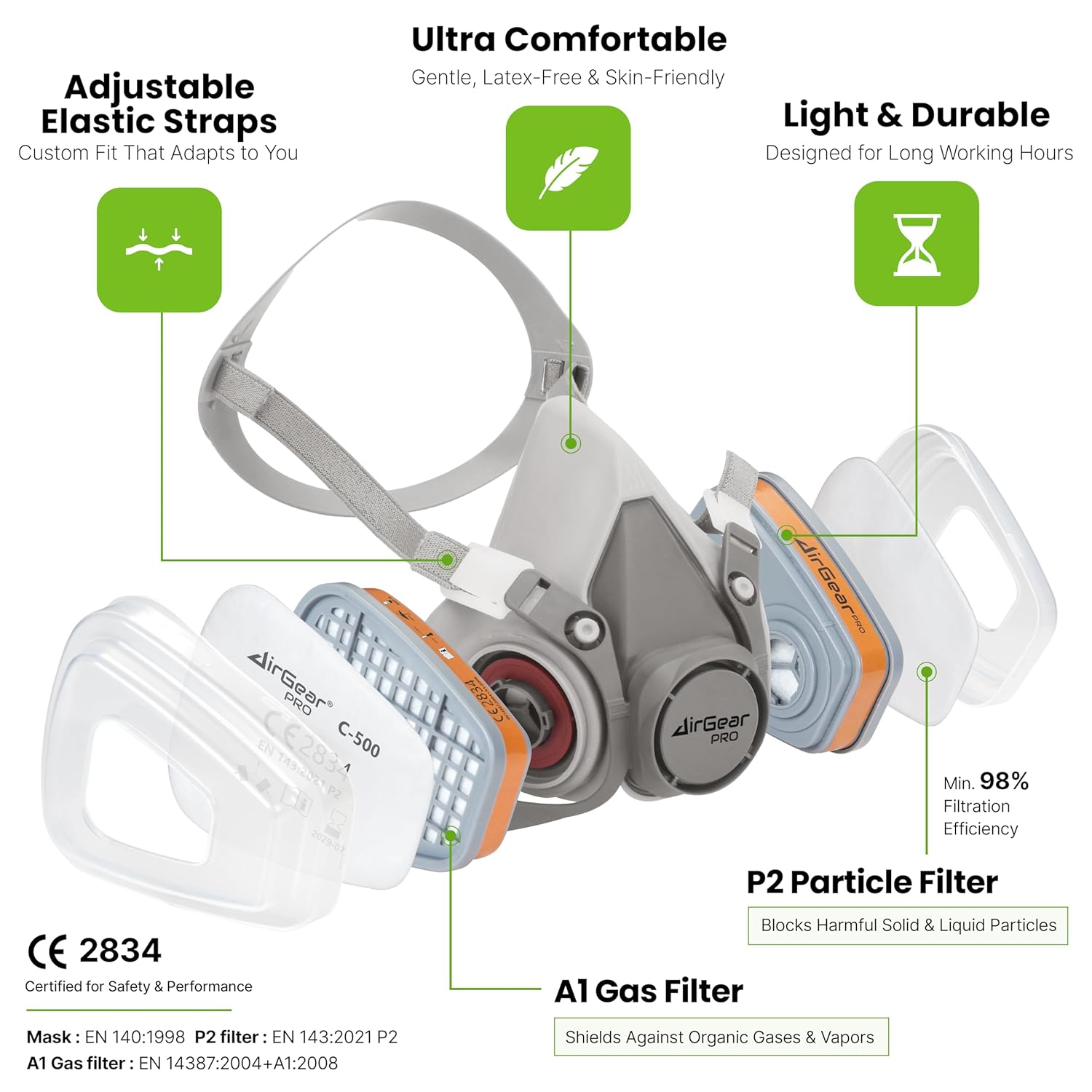 AirGearPro G-500 Reusable Respirator Mask with A1P2 Filters