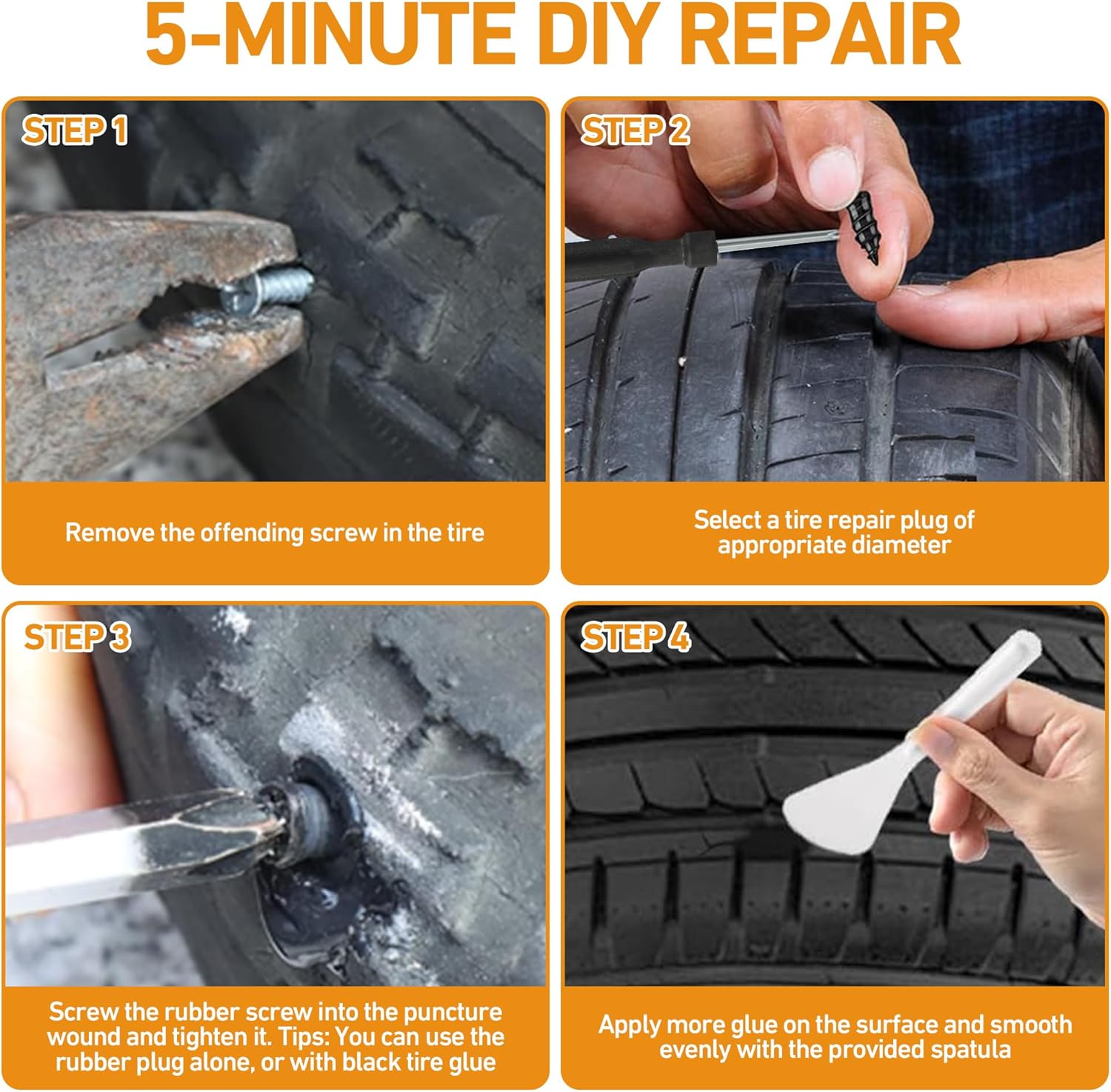 40 PCS Tire Repair Rubber Nails Kit with 2 Tubes of Black Tire Sealant Glue