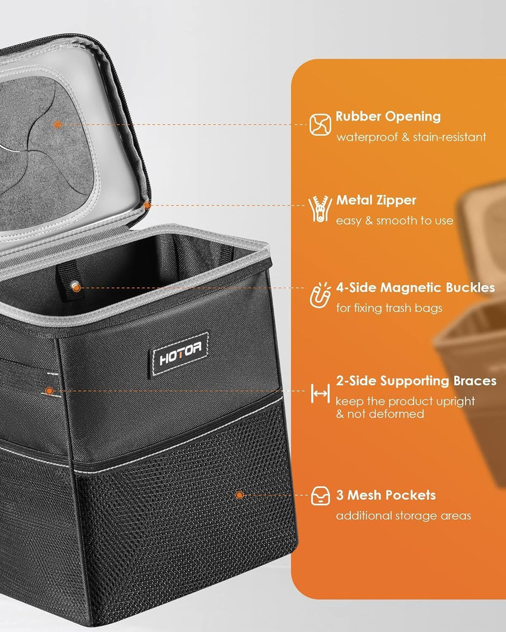 HOTOR Car Trash Can with Lid and Storage Pockets - 100% Leak-Proof Organizer