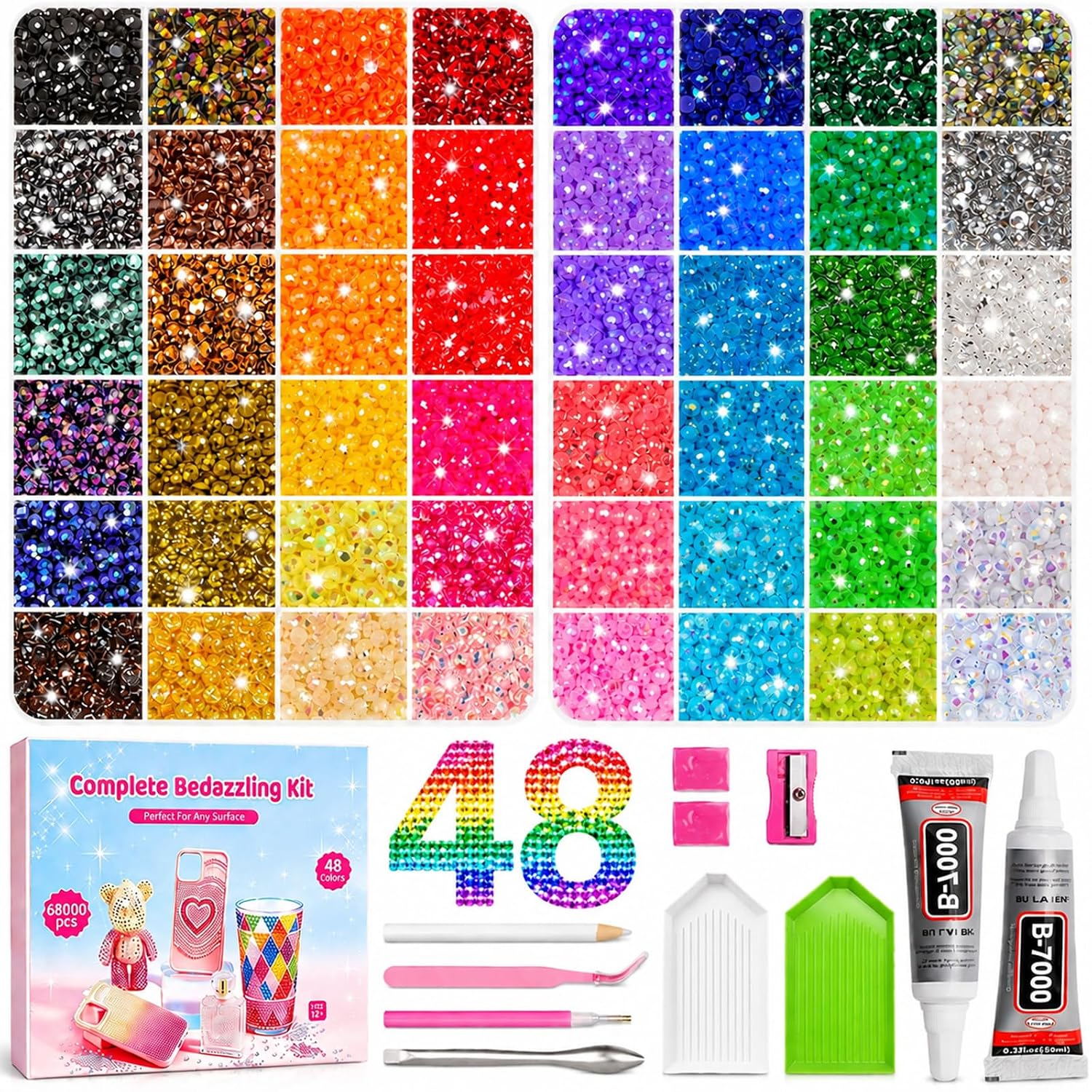 68,000Pcs 48 Colors Bedazzling Kit, 3mm Resin Jelly Flatback Rhinestones