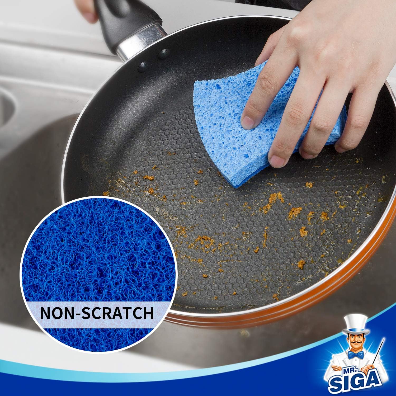 MR.SIGA Non-Scratch Cellulose Scrub Sponge, Dual-Sided Dishwashing Sponge for