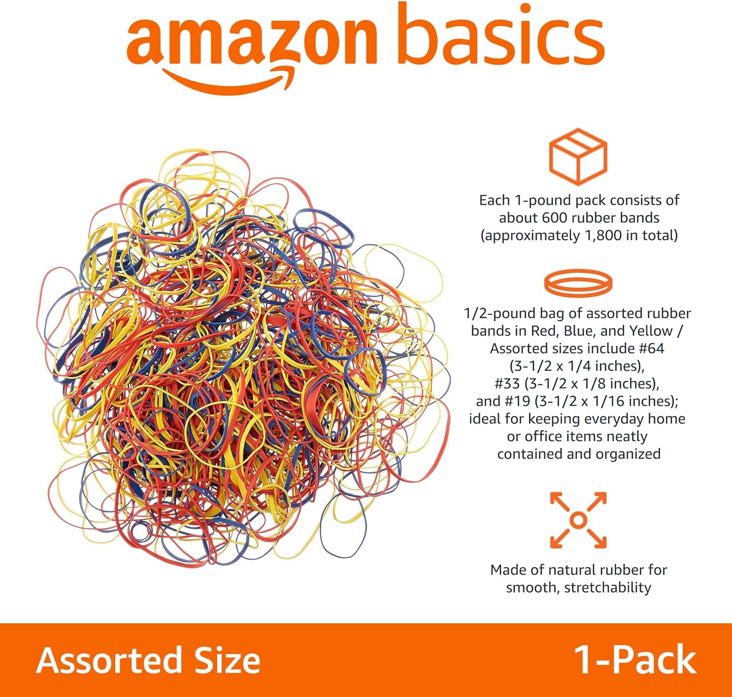Amazon Basics Assorted Size and Color Rubber Bands, Strong Elastic Stretch