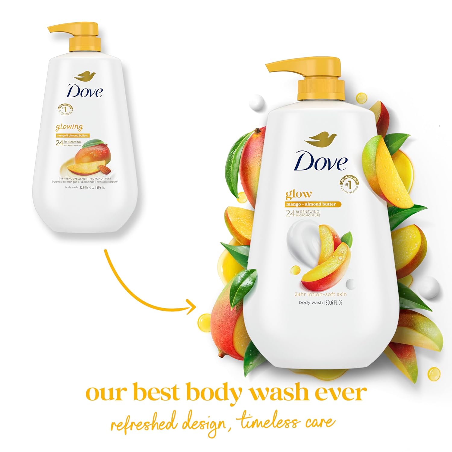 Dove Body Wash with Pump Glow Mango & Almond Butter For 24hr Lotion-Soft Skin