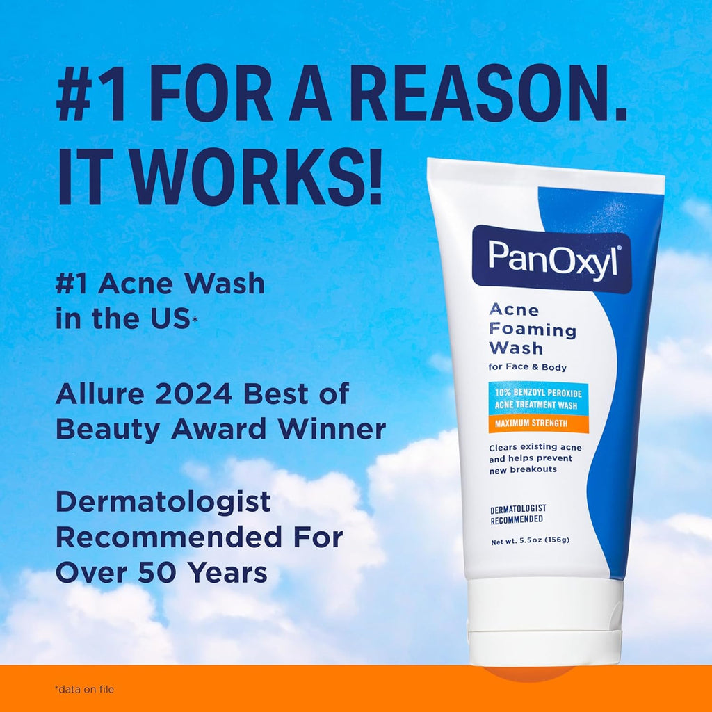 PanOxyl 10% Benzoyl Peroxide Acne Foaming Wash, Maximum Strength, Daily