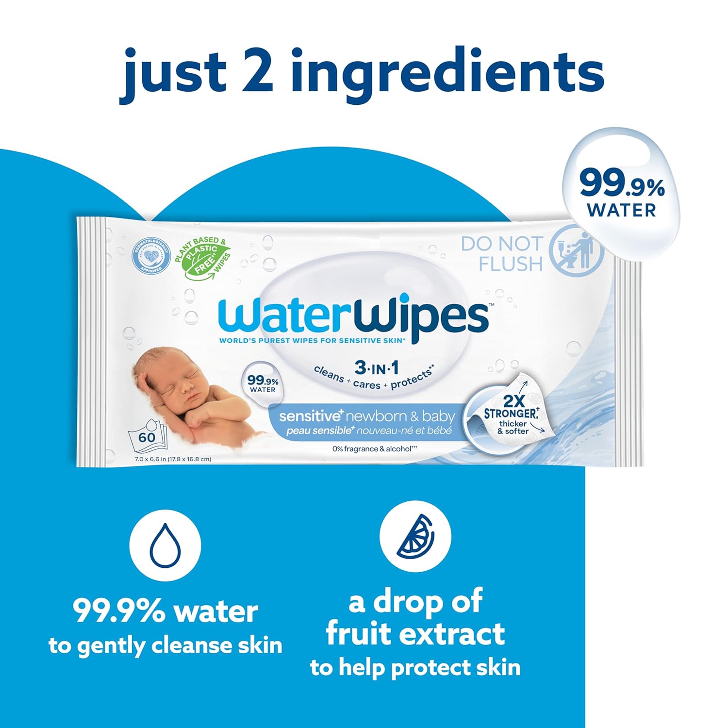 WaterWipes Sensitive+ Newborn & Baby Wipes, 3-In-1 Cleans, Cares, Protects