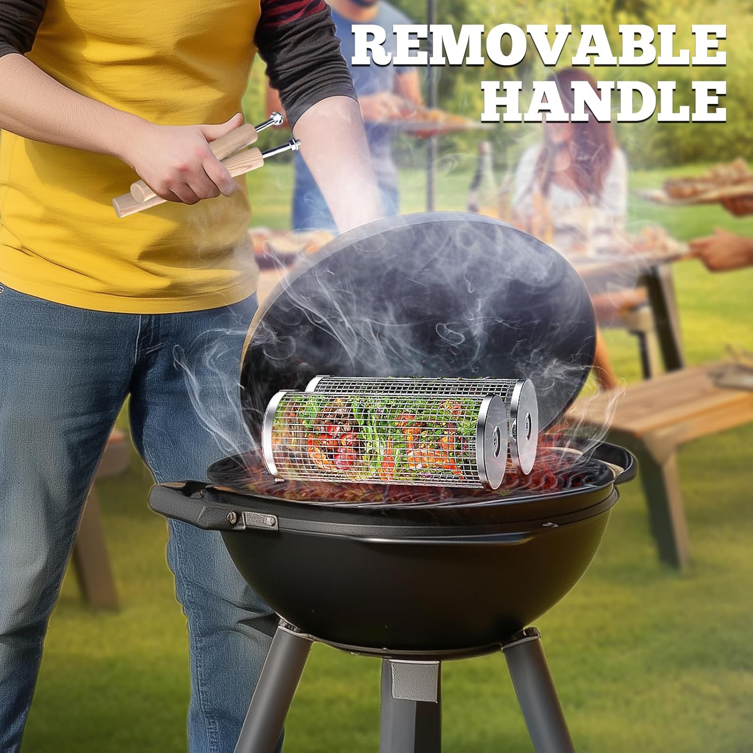 ivtivfu Rolling Grill Basket, Removable Wooden Handle, 304 Stainless Steel