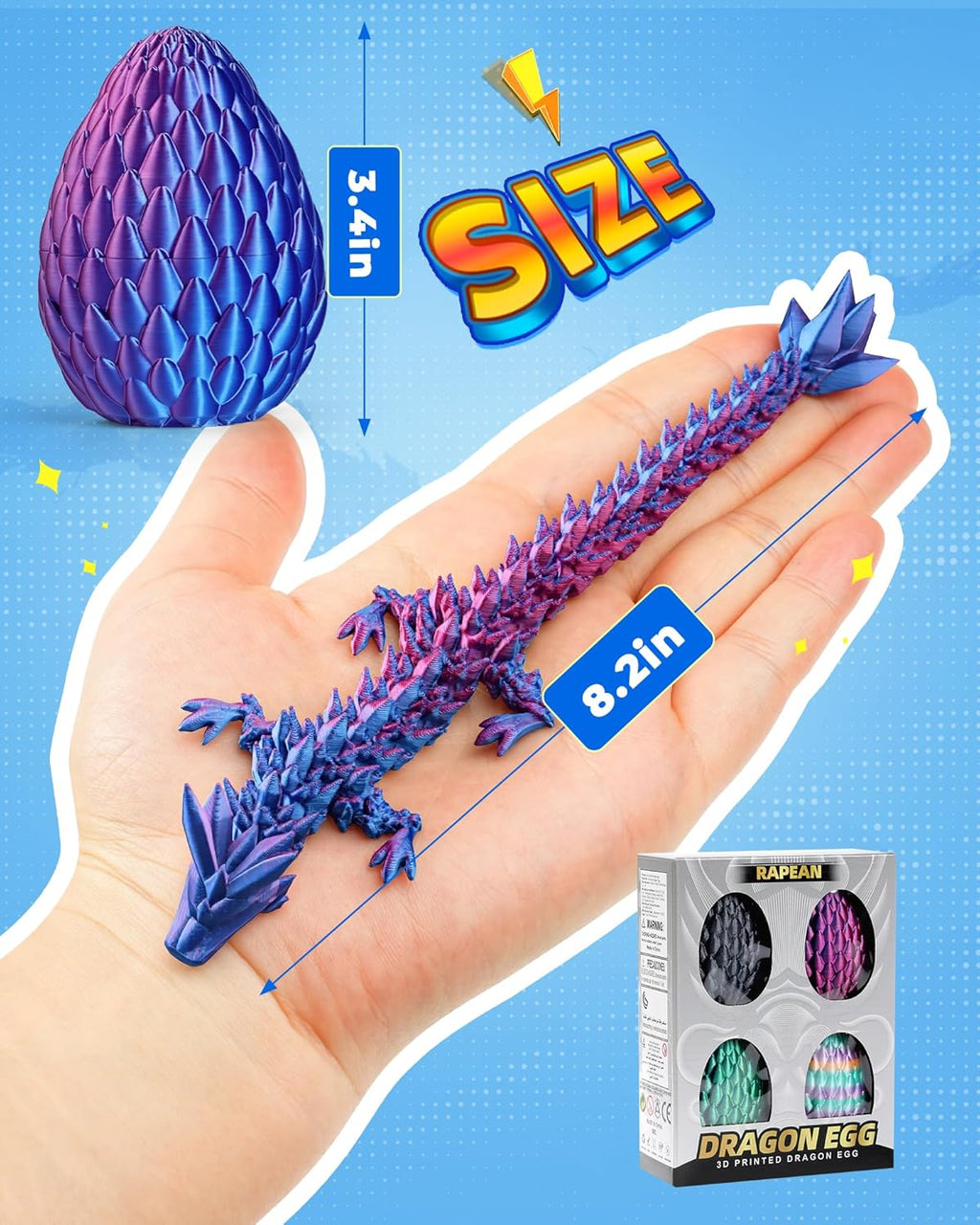 Rapean 8" 3D Printed Dragon Eggs, Easter Basket Stuffers for Kids and Teens