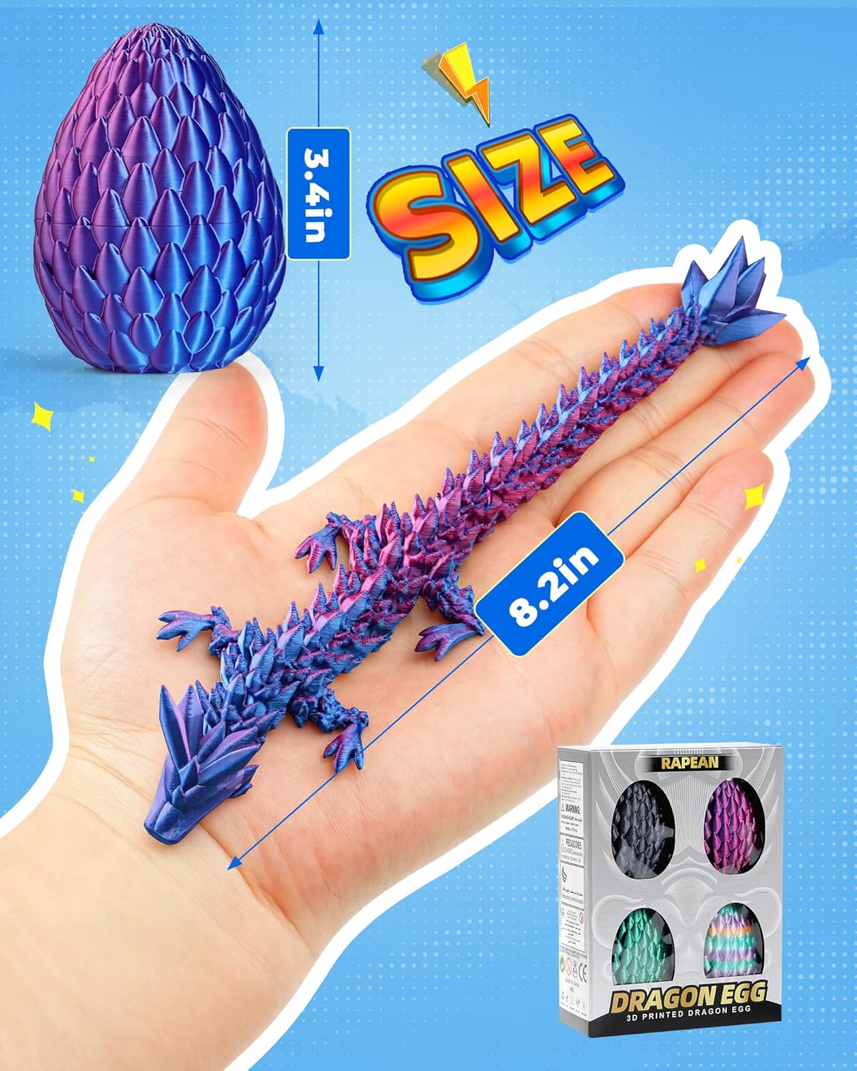 Rapean 8" 3D Printed Dragon Eggs, Easter Basket Stuffers for Kids and Teens