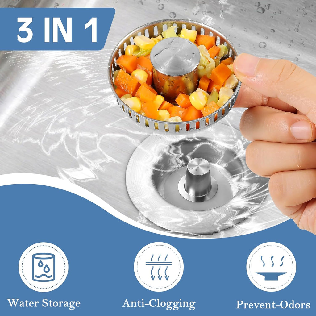 Kitchen Sink Drain Strainer 3 in 1, 304 Stainless Steel Pop Up Sink Stopper