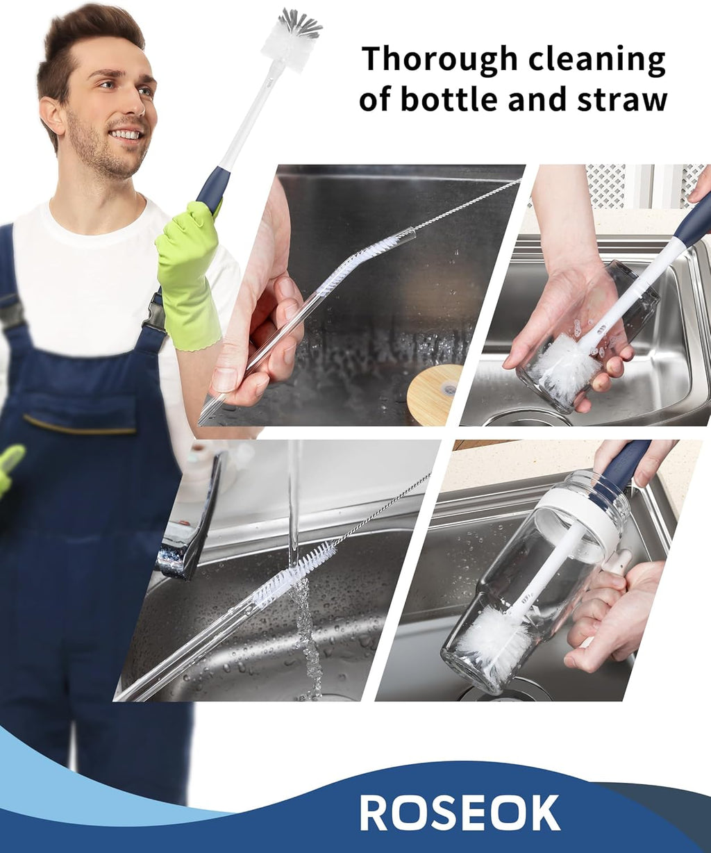 ROSEOK 2 in 1 Long Handle Bottle Brush with Straw Brush for Cleaning Glass