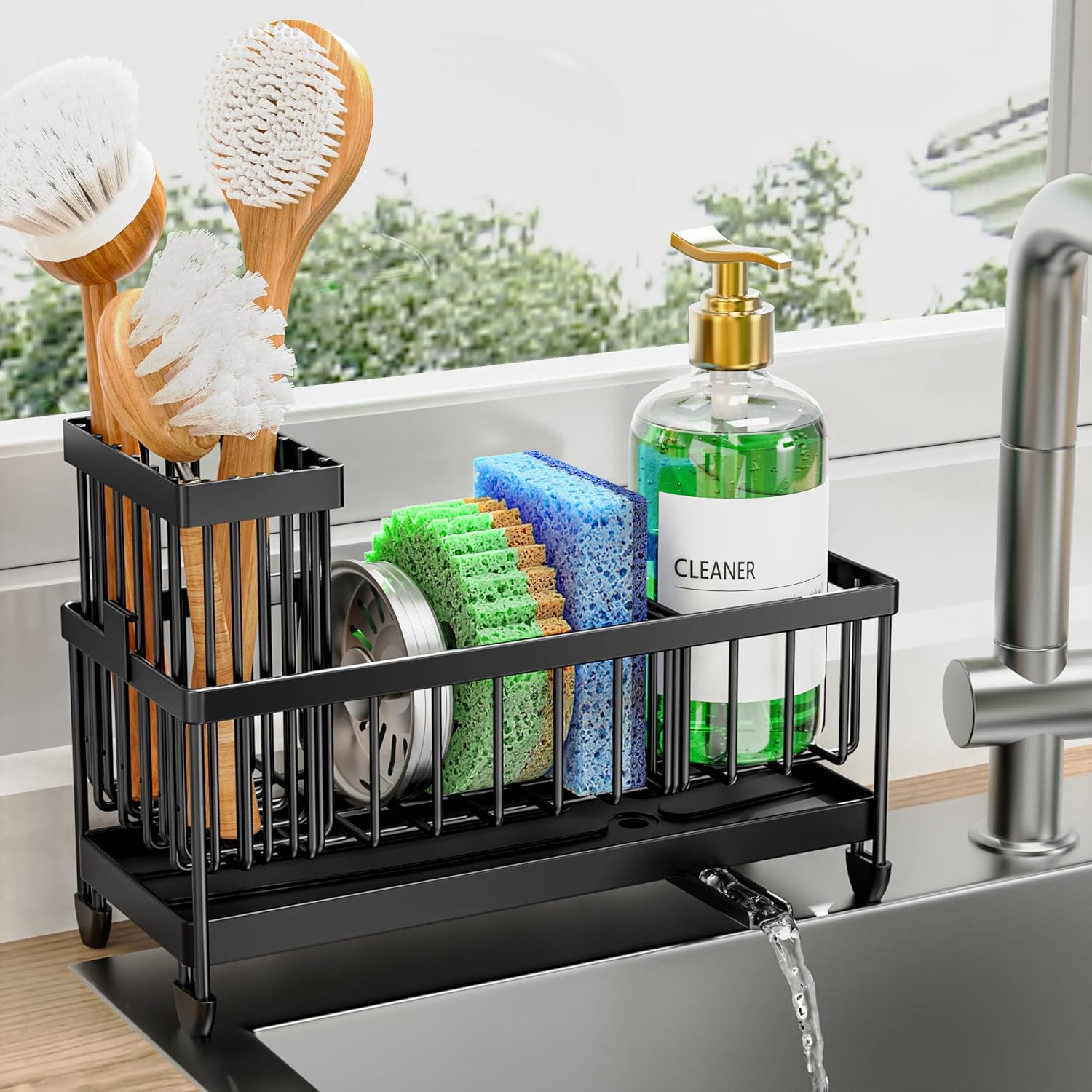 Cisily Sponge Holder for Kitchen Sink, Sink Caddy Organizer with High Brush