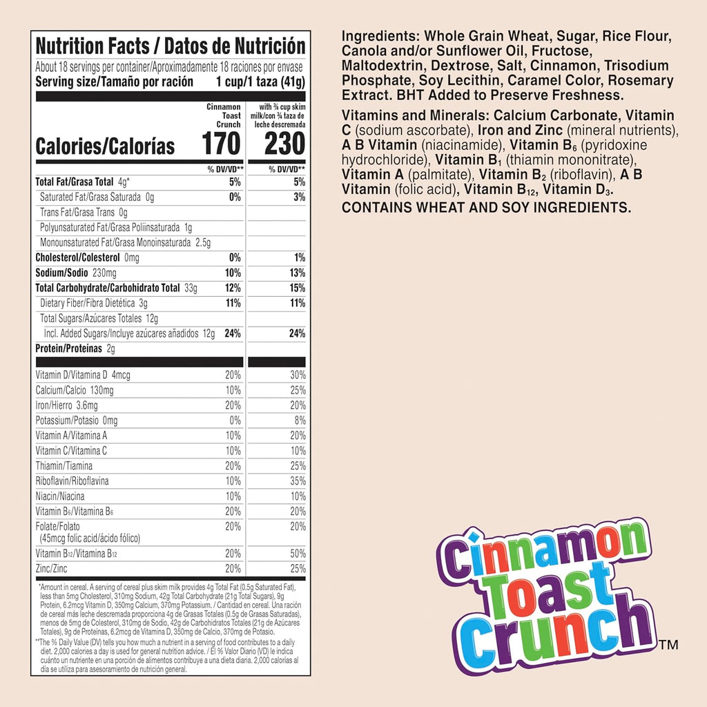 Cinnamon Toast Crunch Breakfast Cereal, Crispy Cinnamon Cereal, Mega Size, 27