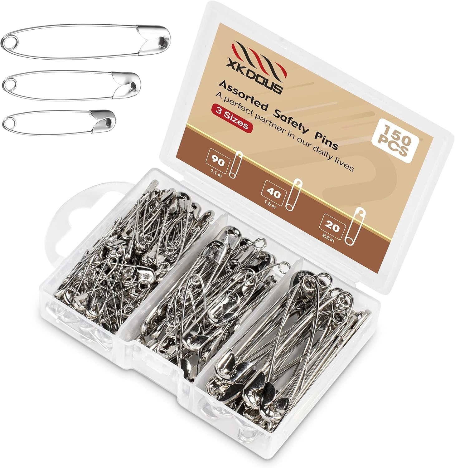 XKDOUS Safety Pins - 150 Pcs Assorted Sizes Silver Pins Bulk - Small & Large