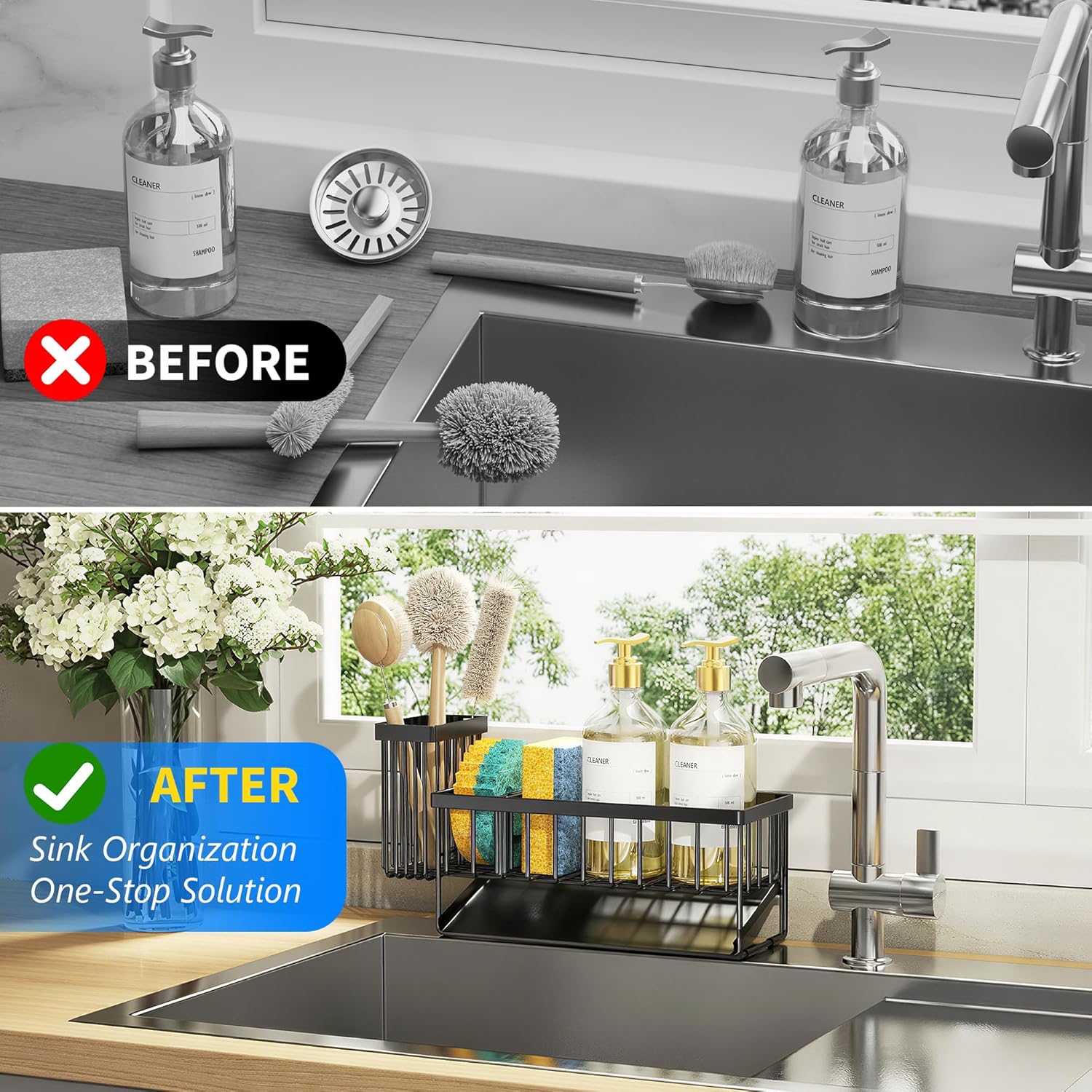 Cisily Sink Caddy Sponge Holder for Kitchen with Brush Holder and Stainless