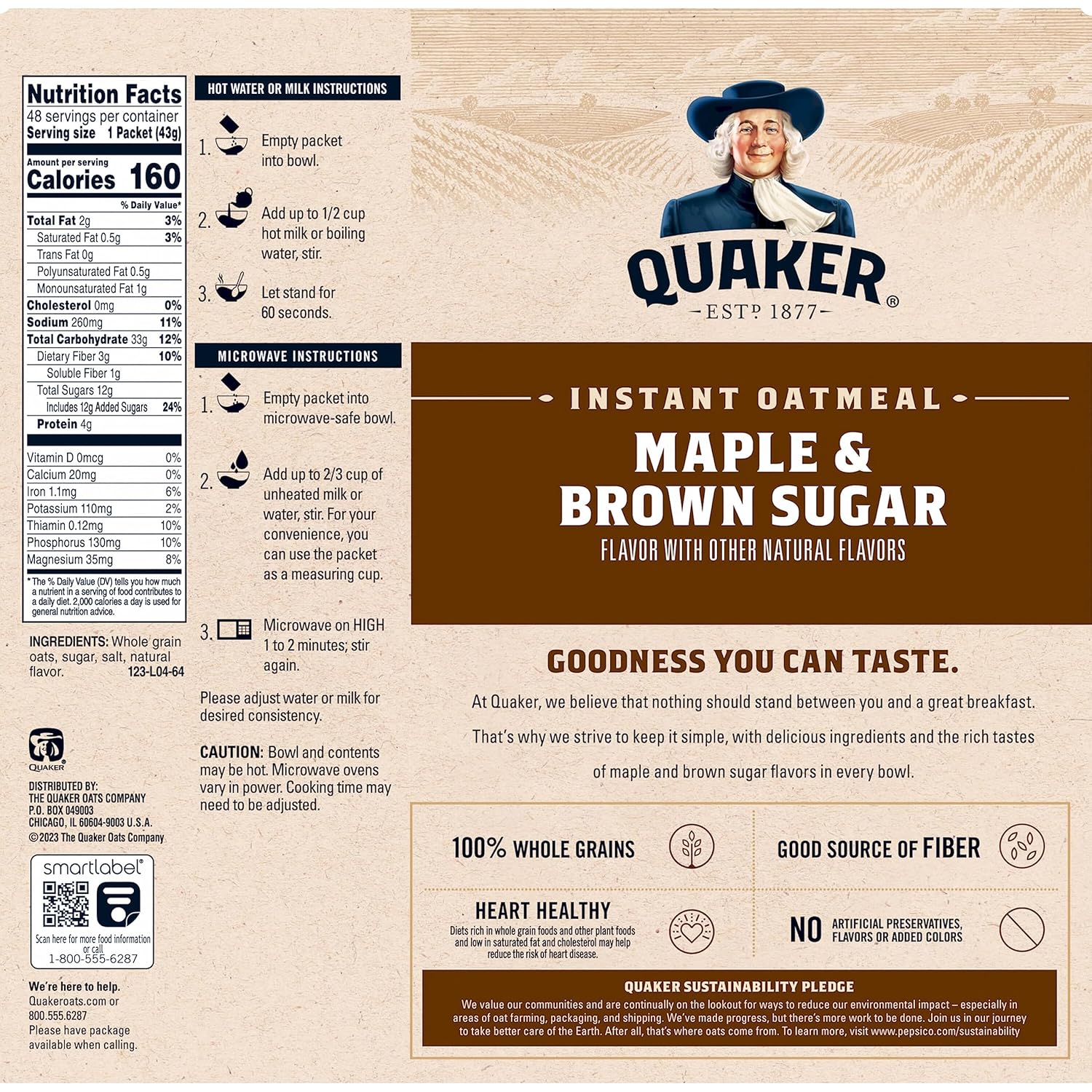 Quaker Instant Oatmeal, Maple & Brown Sugar, Individual Packets, 1.51 Ounce